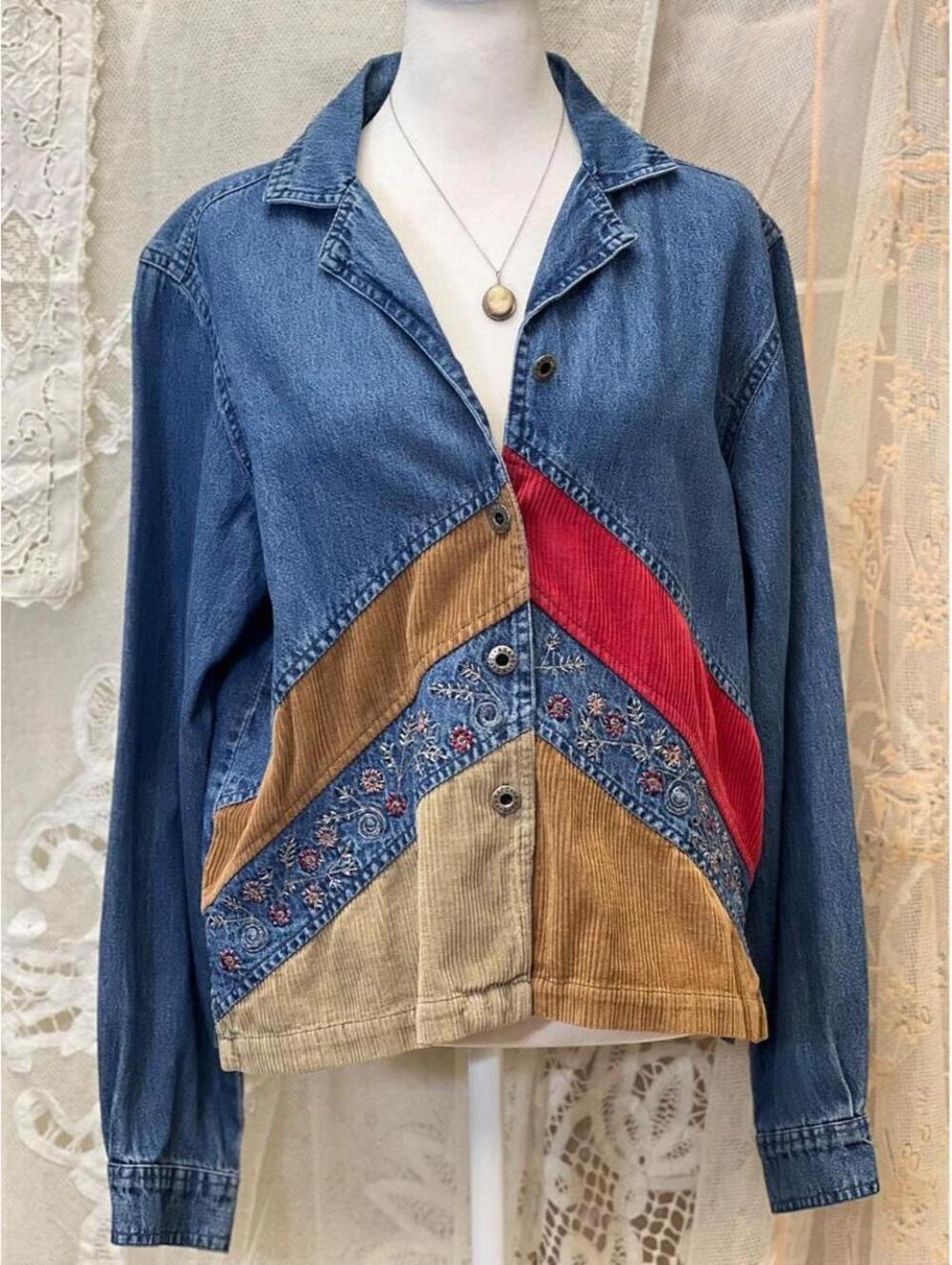 vintage retro 90 sass blue denim jacket with corduroy patchwork details by Agapo